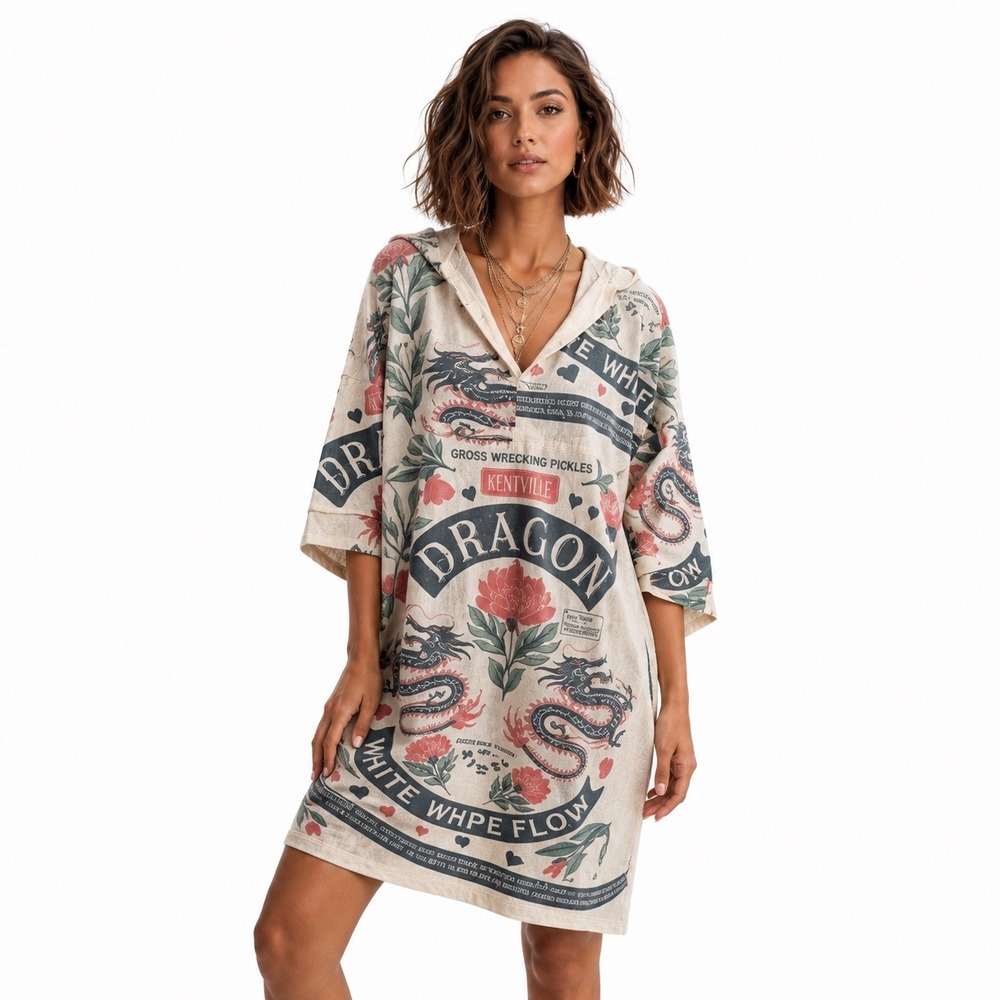 Vintage Sack Dragon Print Cotton Bell Sleeve Dress